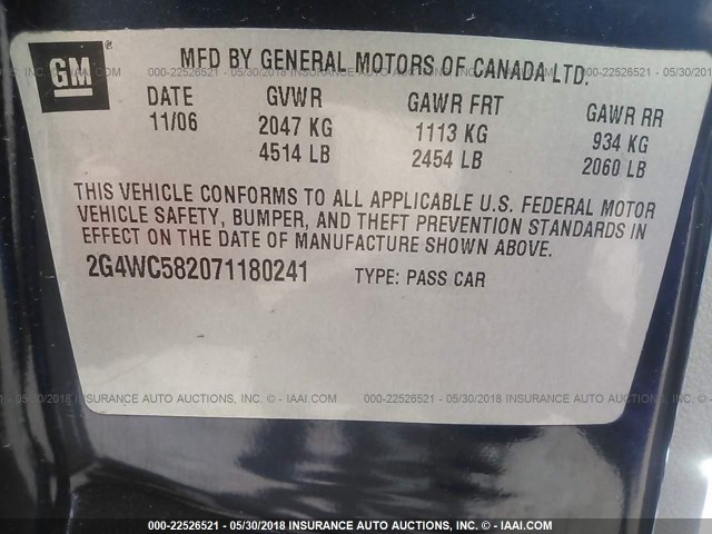 2G4WC582071180241 - 2007 BUICK LACROSSE CX BLUE photo 9