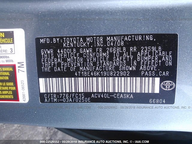 4T1BE46K19U822902 - 2009 TOYOTA CAMRY SE/LE/XLE 绿色 照片 9