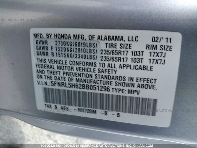 5FNRL5H62BB051296 - 2011 HONDA ODYSSEY EXL SILVER photo 9