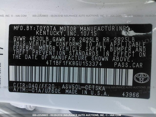 4T1BF1FK8GU153374 - 2016 TOYOTA CAMRY LE/XLE/SE/XSE WHITE photo 9