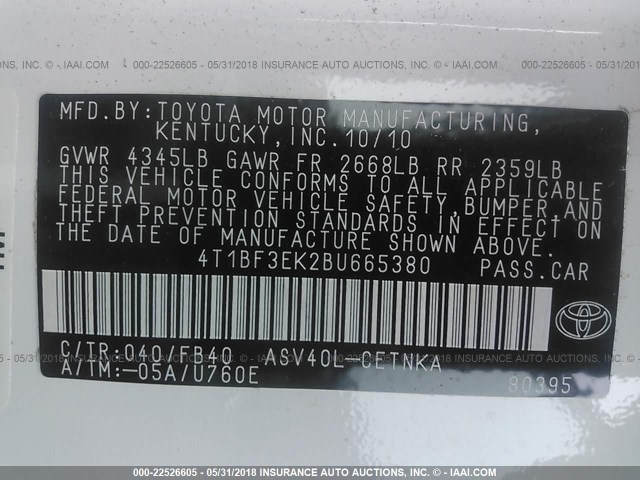 4T1BF3EK2BU665380 - 2011 TOYOTA CAMRY SE/LE/XLE WHITE photo 9