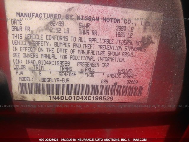 1N4DL01D4XC199529 - 1999 NISSAN ALTIMA XE/GXE/SE/GLE RED photo 9