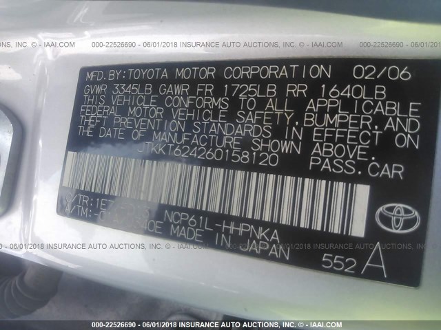 JTKKT624260158120 - 2006 TOYOTA SCION XA GRAY photo 9