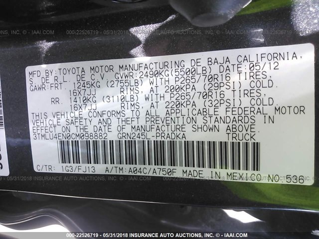3TMLU4EN0CM098882 - 2012 TOYOTA TACOMA DOUBLE CAB ნაცრისფერი ფოტო 9