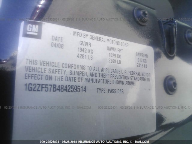 1G2ZF57B484259514 - 2008 PONTIAC G6 VALUE LEADER/BASE BLACK photo 9