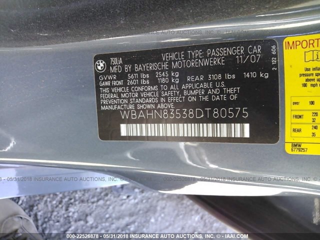 WBAHN83538DT80575 - 2008 BMW 750 LI GRAY photo 9