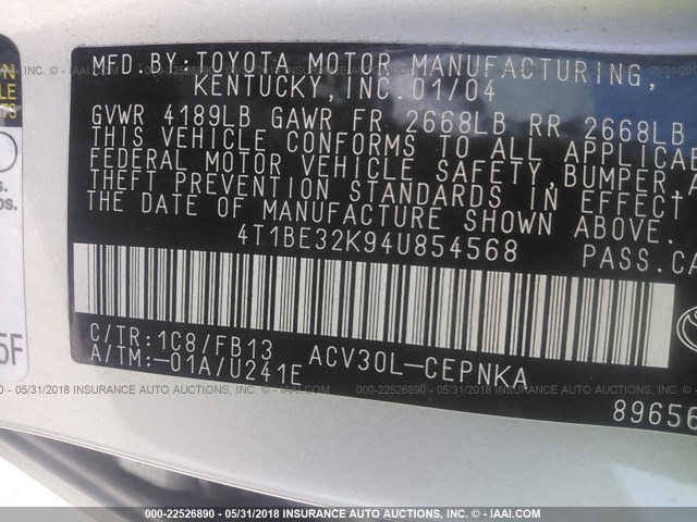 4T1BE32K94U854568 - 2004 TOYOTA CAMRY LE/XLE/SE SILVER photo 9