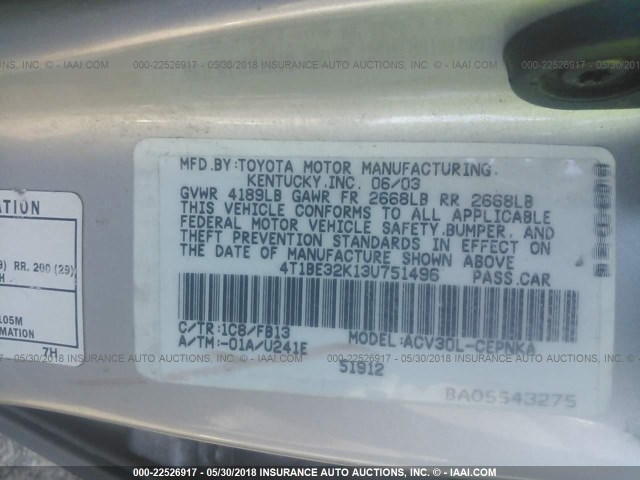 4T1BE32K13U751496 - 2003 TOYOTA CAMRY LE/XLE/SE 银色 照片 9