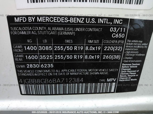 4JGBB8GB6BA712384 - 2011 MERCEDES-BENZ ML 350 4MATIC WHITE photo 9