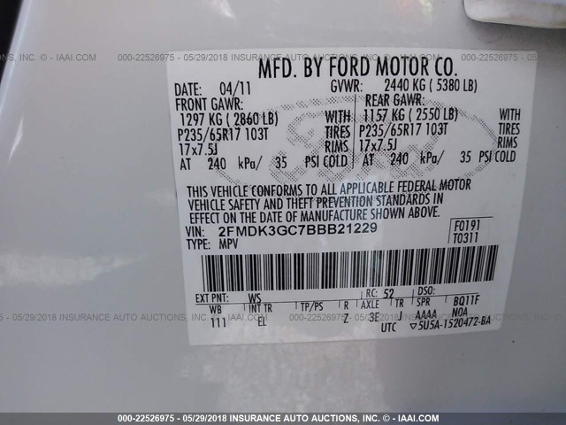 2FMDK3GC7BBB21229 - 2011 FORD EDGE SE WHITE photo 9