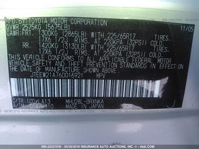 JTEEW21A760016921 - 2006 TOYOTA HIGHLANDER HYBRID SILVER photo 9