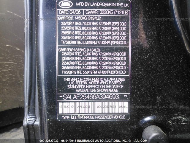 SALAE25466A394693 - 2006 LAND ROVER LR3 SE BLACK photo 9