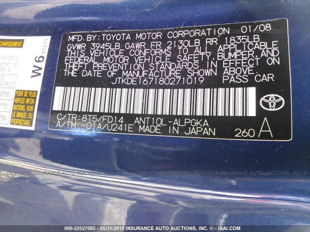 JTKDE167180271019 - 2008 TOYOTA SCION TC BLUE photo 9