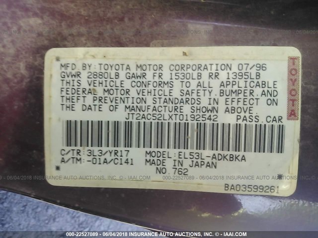 JT2AC52LXT0192542 - 1996 TOYOTA TERCEL STD/DX MAROON photo 9