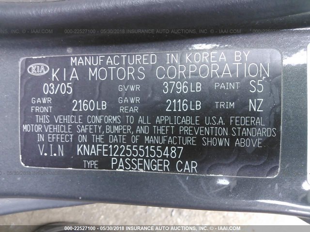 KNAFE122555155487 - 2005 KIA NEW SPECTRA LX/EX GRAY photo 9