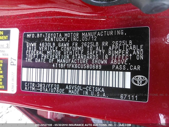 4T1BF1FK6CU580689 - 2012 TOYOTA CAMRY SE/LE/XLE MAROON photo 9