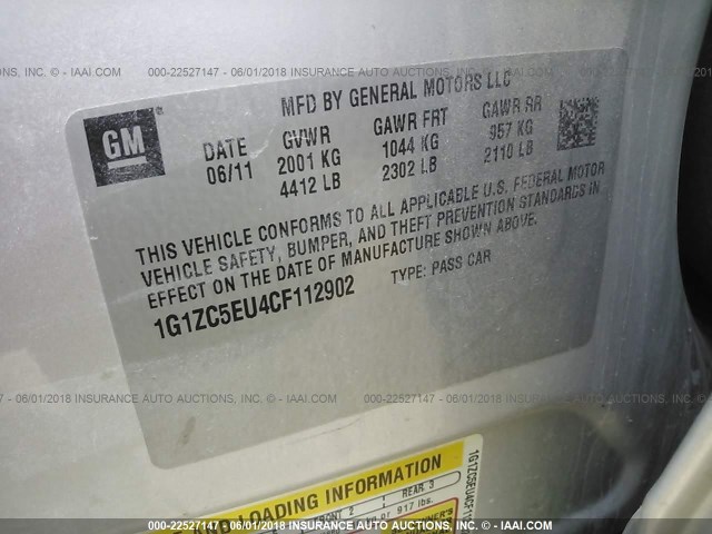 1G1ZC5EU4CF112902 - 2012 CHEVROLET MALIBU 1LT 银色 照片 9