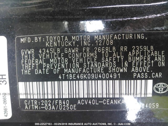 4T1BE46K09U400491 - 2009 TOYOTA CAMRY SE/LE/XLE 黑色 照片 9