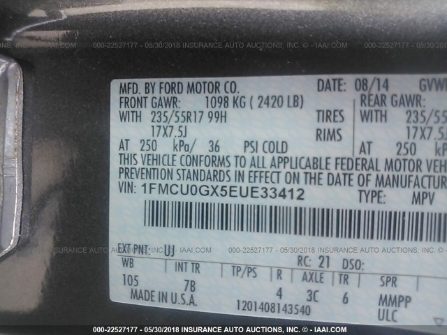 1FMCU0GX5EUE33412 - 2014 FORD ESCAPE SE GRAY photo 9