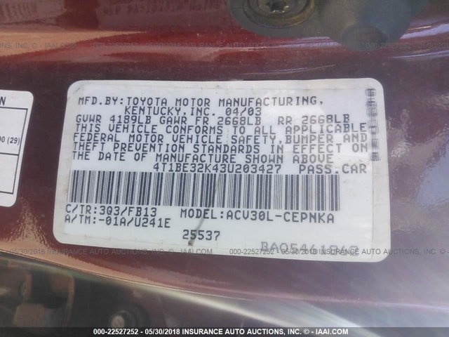 4T1BE32K43U203427 - 2003 TOYOTA CAMRY LE/XLE/SE Qırmızı foto 9
