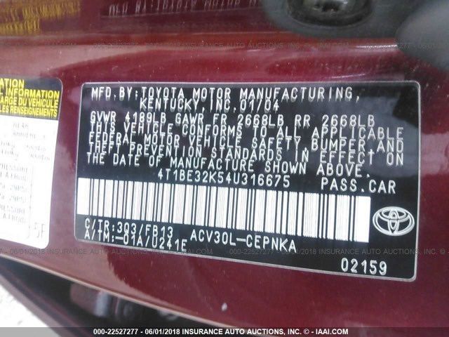 4T1BE32K54U316675 - 2004 TOYOTA CAMRY LE/XLE/SE RED photo 9