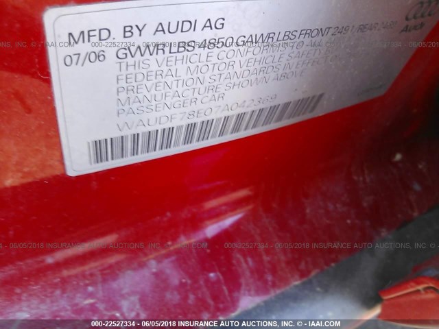 WAUDF78E07A042369 - 2007 AUDI A4 2.0T QUATTRO RED photo 9