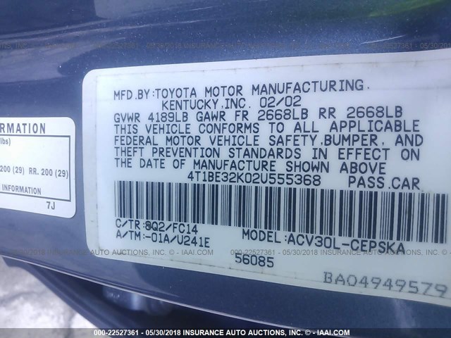 4T1BE32K02U555368 - 2002 TOYOTA CAMRY LE/XLE/SE ლურჯი ფოტო 9