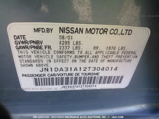 JN1DA31A12T304014 - 2002 NISSAN MAXIMA GLE/SE Light Blue photo 9