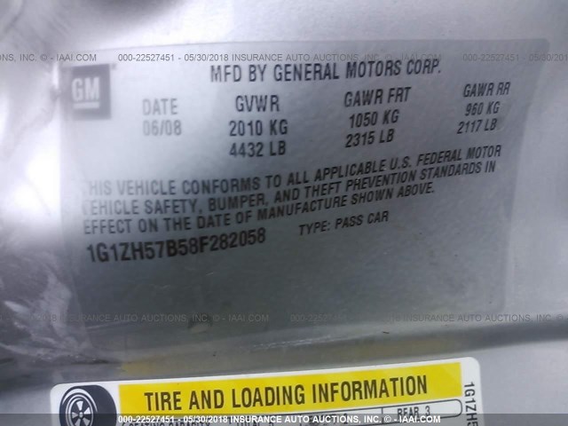 1G1ZH57B58F282058 - 2008 CHEVROLET MALIBU 1LT SILVER photo 9