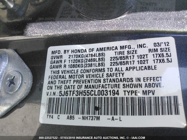 5J6TF3H55CL003194 - 2012 HONDA CROSSTOUR EXL ნაცრისფერი ფოტო 9