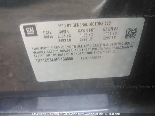 1G11C5SL5FF180655 - 2015 CHEVROLET MALIBU 1LT ნაცრისფერი ფოტო 9