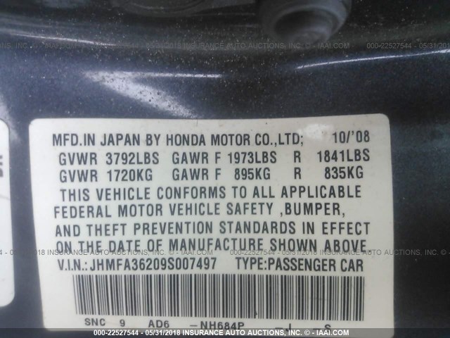 JHMFA36209S007497 - 2009 HONDA CIVIC HYBRID BLUE photo 9