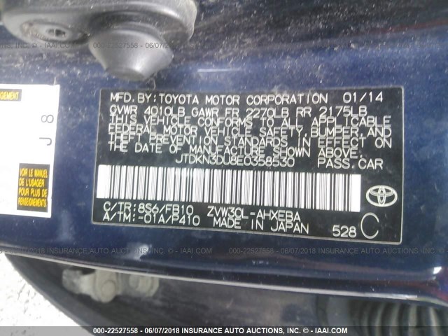 JTDKN3DU8E0358530 - 2014 TOYOTA PRIUS BLUE photo 9