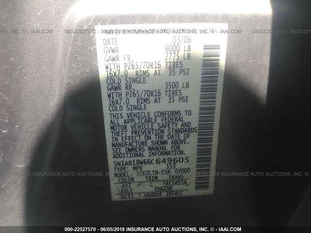 5N1AR18W66C649605 - 2006 NISSAN PATHFINDER LE/SE/XE GOLD photo 9