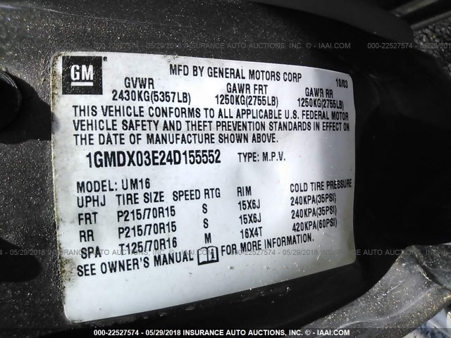 1GMDX03E24D155552 - 2004 PONTIAC MONTANA TAN photo 9