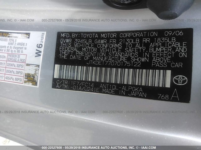 JTKDE177070175122 - 2007 TOYOTA SCION TC 银色 照片 9