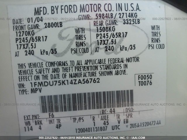 1FMDU75K14ZA56762 - 2004 FORD EXPLORER LIMITED 白色 照片 9