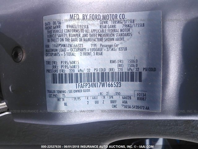 1FAFP34N17W166523 - 2007 FORD FOCUS ZX4/S/SE/SES SILVER photo 9