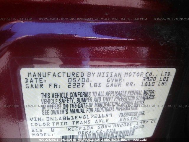 3N1AB61E48L721659 - 2008 NISSAN SENTRA 2.0/2.0S/2.0SL RED photo 9