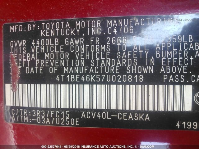 4T1BE46K57U020818 - 2007 TOYOTA CAMRY NEW GENERAT CE/LE/XLE/SE RED photo 9
