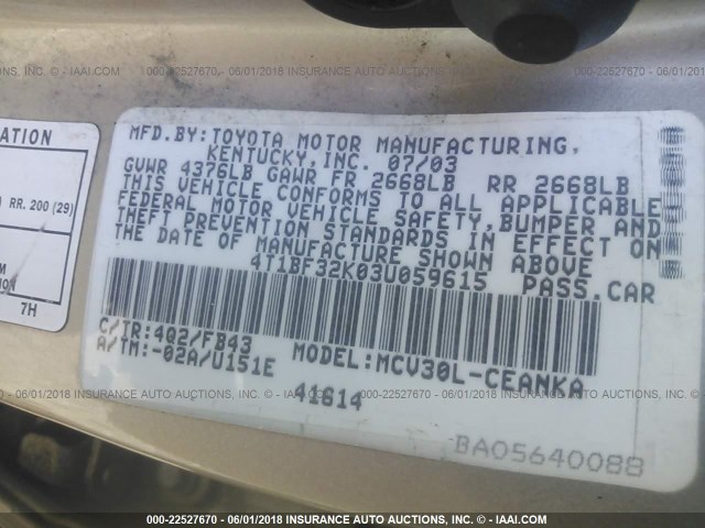4T1BF32K03U059615 - 2003 TOYOTA CAMRY LE/XLE/SE Qızıl foto 9
