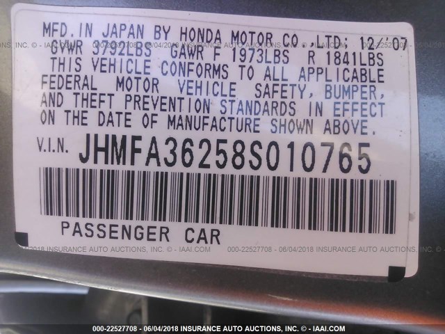 JHMFA36258S010765 - 2008 HONDA CIVIC HYBRID GRAY photo 9