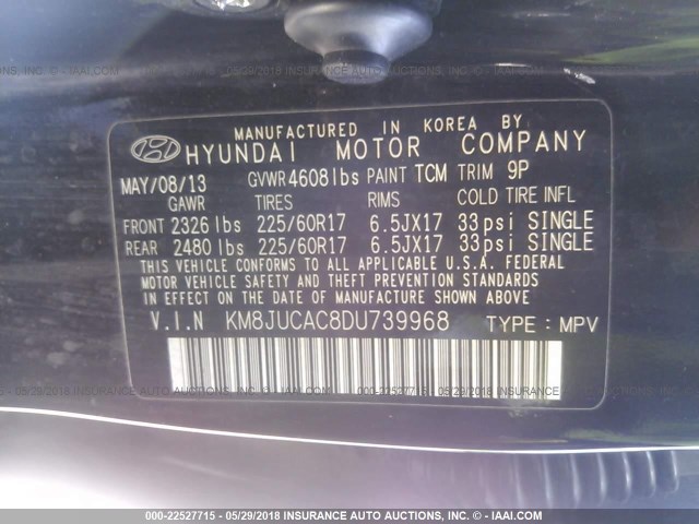 KM8JUCAC8DU739968 - 2013 HYUNDAI TUCSON GLS/LIMITED შავი ფოტო 9