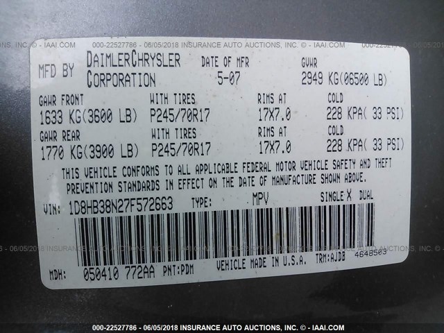 1D8HB38N27F572663 - 2007 DODGE DURANGO SXT GRAY photo 9