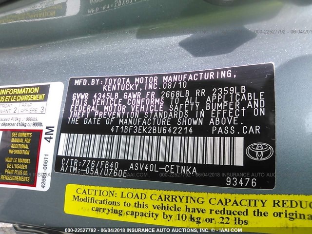 4T1BF3EK2BU642214 - 2011 TOYOTA CAMRY SE/LE/XLE GREEN photo 9