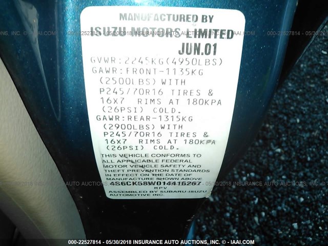 4S6CK58W014416267 - 2001 HONDA PASSPORT EX/LX 蓝色 照片 9