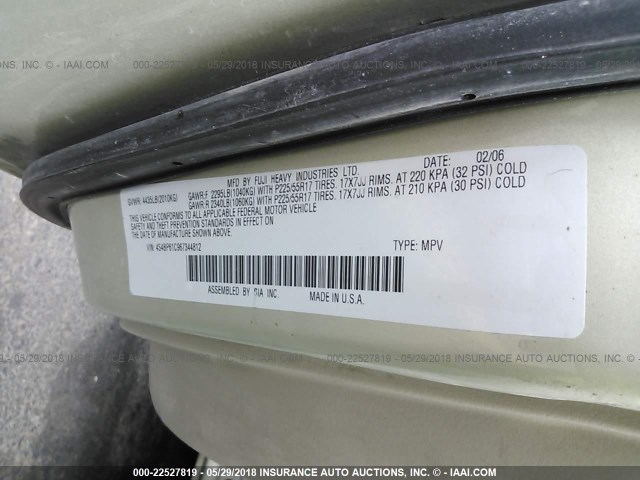 4S4BP61C967344812 - 2006 SUBARU LEGACY OUTBACK 2.5I YELLOW photo 9