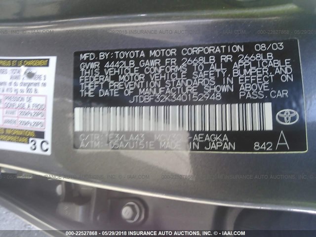 JTDBF32K340152948 - 2004 TOYOTA CAMRY LE/XLE Grau Foto 9