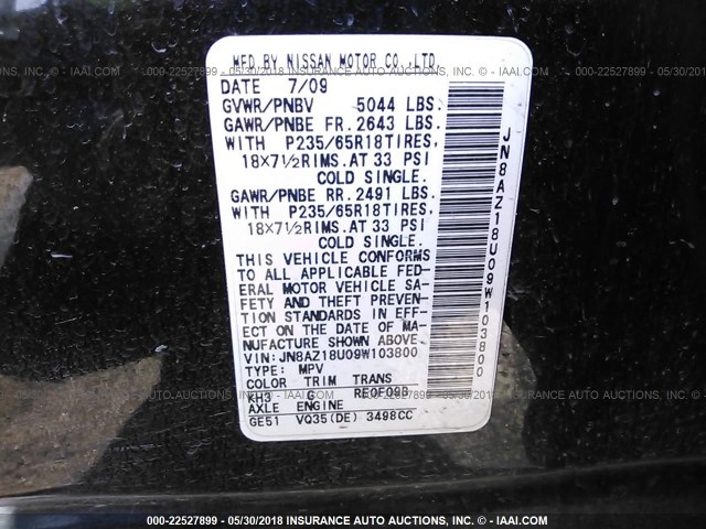 JN8AZ18U09W103800 - 2009 NISSAN MURANO S/SL BLACK photo 9