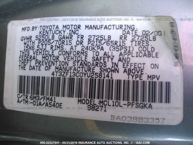 4T3ZF13C0YU258141 - 2000 TOYOTA SIENNA LE/XLE TEAL photo 9